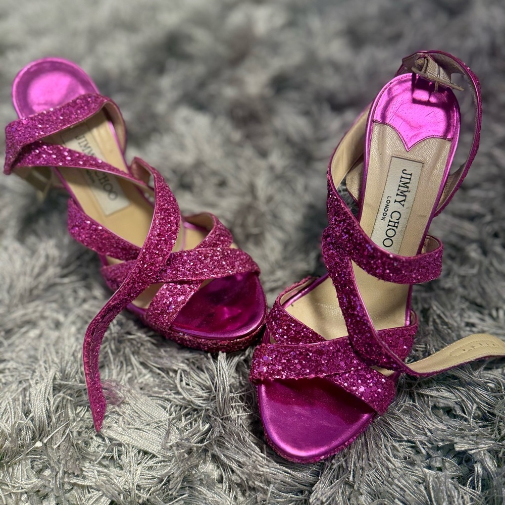Jimmy Choo Vamp Pink Glitter High Heels Platform 37.5 - Picture 2 of 7